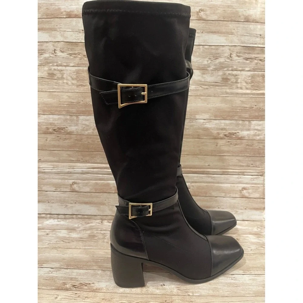 Journee Collection‎ Black Over-The-Knee Block Heel Boots Buckle Size 9XWC NEW